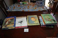 Photo showing three stacks of books on a wooden dining table under daylight, including piano lesson books, children's illustrated books and activity books.
