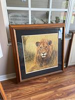 Full view of the gallery framed lion print with a wooden frame and black matte border, placed leaning against a wall.