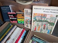 Two boxes of assorted books including book spines and covers showing titles about furniture, photography, dictionaries, literature, and travel.