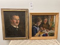 Photo showing both framed oil paintings together; one of two women knitting and one of a gentleman portrait