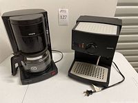 Front and side view of Krups Duo Compact Aroma drip coffee maker and Krups milk frother showing general condition and measurements.