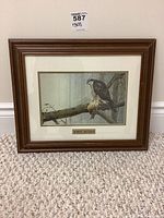 Framed print of bird on branch by Robert Bateman against wall with sticker showing dimensions 17x15