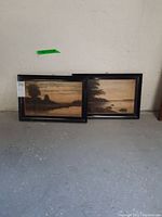 Photo showing the two framed landscape paintings placed on the floor against a wall. Both paintings feature river or lake scenes with trees and rocks under cloudy skies.