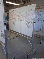 Front and side view of a large white board with metal frame and wheels, showing details of the writing surface and frame base.