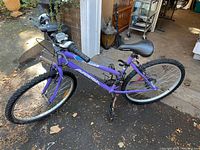 Full side view of purple Supercycle mountain bike showing frame, tires, and handlebar.