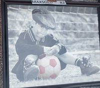 Framed artwork showing a boy sitting on grass holding a red and white soccer ball in front of a soccer net.
