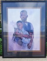 Front view of framed picture depicting a man and two boys with black frame and double bordered matting.
