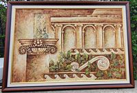 Photo of framed artwork depicting Roman villa architectural elements with columns and scroll details