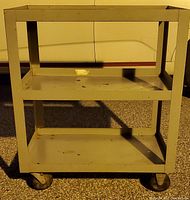 Photo of one metal utility cart showing a two-tier structure with flat shelves, metal frame, and four caster wheels on a concrete ground surface.