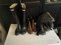 Full view of three pairs of boots: tall black Hunter rain boots, brown Ron White ankle boots, black Sorel winter boots with faux fur