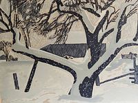 Full view of silkscreen showing snow-covered trees and landscape