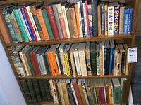 Three wooden shelves filled with a collection of hardcover and paperback books in various sizes and conditions, including vintage titles.