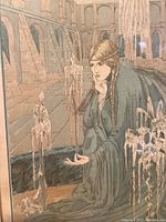 Close-up of kneeling lady in teal robe surrounded by melting candles in a stone hall.
