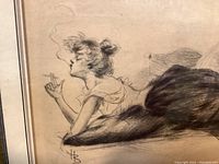 Close-up of the Victorian era woman sketch, showing entwined HB initials in lower left and detail of the cigarette and pose.