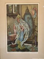 Close view of the color etching depicting a winged figure looking at its reflection in a mirror, mat border visible