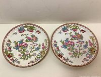 Pair of floral patterned dessert plates with intricate multicolor flower designs and gold rims