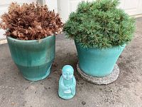 Two aqua ceramic flower pots, one with a green pine shrub and one with dried brown plant material, plus small aqua Buddha statue.