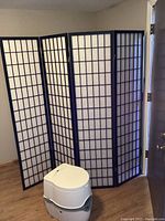 Full view of the 4-panel privacy screen set up in room with the Porta Potti positioned in front
