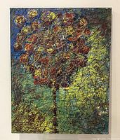 Full view of the 2008 signed oil painting showing abstract tree/floral design with multicolor lines on canvas.