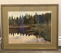 Framed full view of watercolor “Lily Pond” showing composition and frame