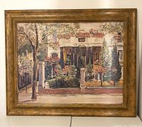 Full front view of framed artwork showing garden and house with flowers and trees