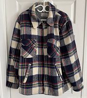 Front view of men’s vintage plaid coat by C&L Sportswear. Shows zip-up front, collar, and chest pockets.