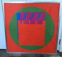 Full framed serigraph print, showing geometric abstract design in orange, green, purple, and blue colors.