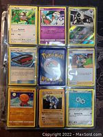 First photo showing nine Pokémon cards including Scarly, Chimecho, Aron, Trapinch, Machoke (holographic), and others in a plastic binder sleeve.
