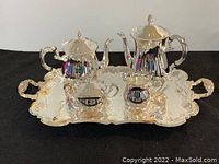 Full view of the 5-piece set on the tray, showing all items together and their reflective silver finish with detailing.