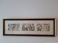 Framed triptych watercolor depicting Jewish people praying at the Western Wall shown in full.