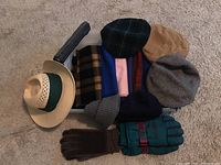 Various hats, scarves, gloves, and one umbrella arranged on carpet.