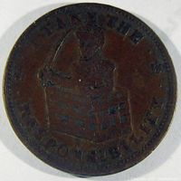 Obverse of bronze token showing Andrew Jackson popping out of a chest holding a money bag and sword, with inscription 'I TAKE THE RESPONSIBILITY'