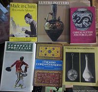 Overview photo showing 7 of the 10 books arranged together on a surface. Titles visible include 'Made in China', 'Lustre Pottery', 'Chinese Pottery and Porcelain', 'An Introduction to European Porcelain', 'Chinese Carpets & Rugs', and 'Chinese Gold, Silver and Porcelain'.
