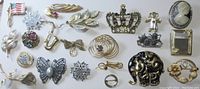 Shows full collection of over 20 assorted costume jewelry brooches and pins in various designs and materials, some with rhinestones or enamel.