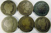 Obverse view of six Barber dimes dated 1897, 1899, 1908 (two), 1912, and 1913, showing good to very good wear and natural toning.
