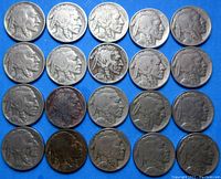 Twenty Buffalo nickels arranged in four rows of five on a blue background, showing obverse Native American profile and dates.