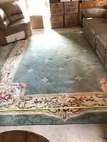 Full view of rectangular sage green and cream area rug between two brown couches with boxes in background.