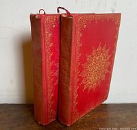 Side view of two red hardback books with gold embossed decoration on covers and spines, standing upright showing spines and front covers.