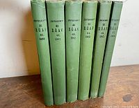 Photo showing six green hardcover volumes of the Austrian Alpine Association yearbooks from 1910 to 1916 with black text on spine.