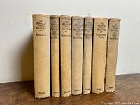 Spine view of the 7 volumes showing faded blue cloth spines with gilt titles