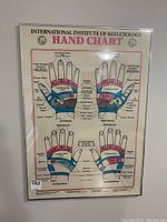 Front view of framed International Institute of Reflexology hand chart under glass with color-coded reflexology zones and labels on four hand illustrations.