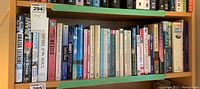 Shelf filled with assorted books across two shelves showing various titles and topics.