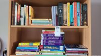 Books on two shelves separated into fiction and programming/web design books, spine titles visible and clearly organized.