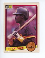 Front view of 1982 Donruss Tony Gwynn rookie card showing the player holding a bat, team name Padres on baseball glove graphic and card number 598.