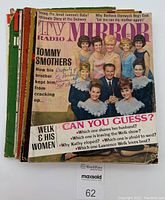 Photo of the stack of 7 vintage celebrity TV and movie magazines showing front covers revealing the lot contents.