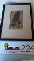 Framed drypoint etching of a lugger boat signed and titled by Joe Knowles. Framed with cream mat approximately 10 x 13 inches.