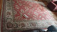 Full view of the rectangular rug showing overall pattern, color and fringe