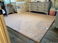 Pink low shag rug laid out on a dark wood floor beneath nursery furniture, showing overall condition and size.