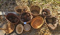 View from above of 11 woven baskets containing pine cones, showing different sizes, colors and shapes.