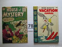 Front covers of House of Mystery No. 44 and Bugs Bunny's Vacation Funnies No. 5 side by side showing title, cover art, and issue details.